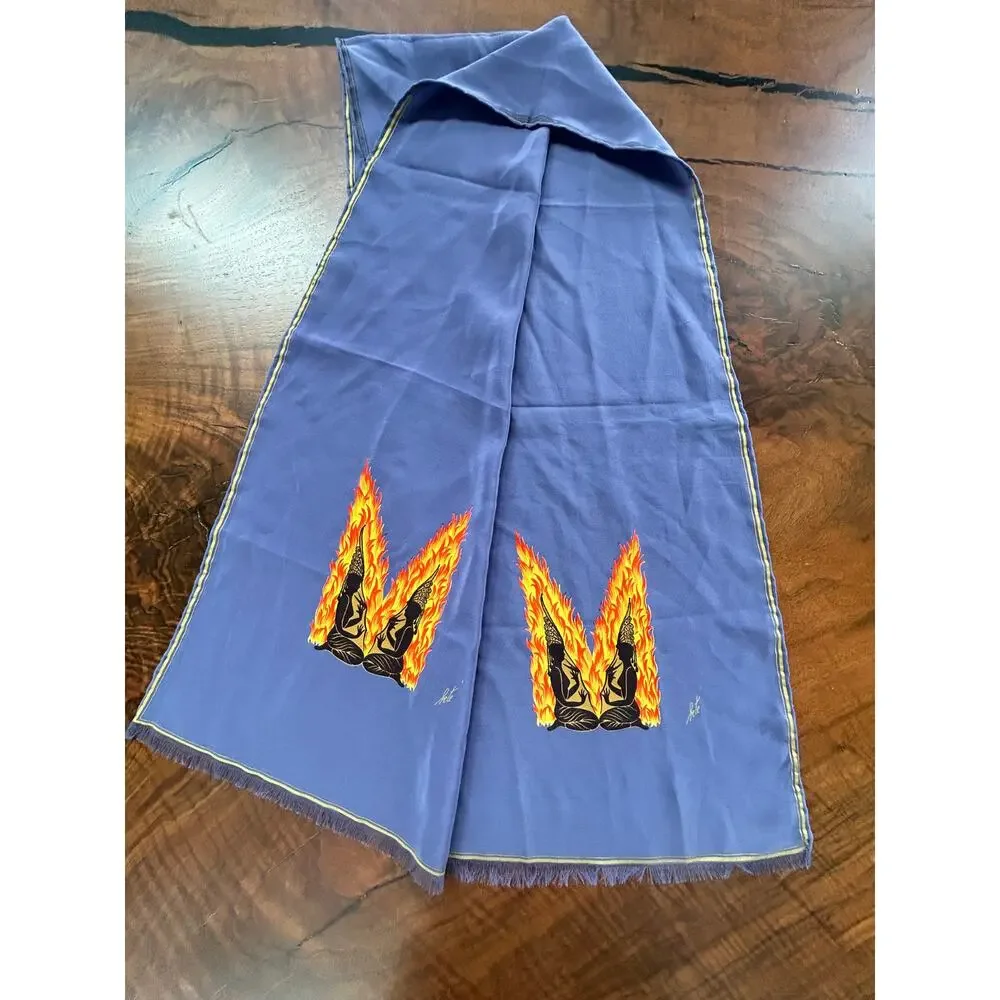RARE Vintage Erte Silk Alphabet Scarf Letter M Art Deco Blue Hand Rolled Hem